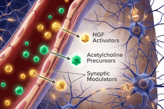 A professional 3D medical illustration, Healthline-style, showing a close-up cross-section of a healthy cerebral blood vessel wall (the blood-brain barrier). Against a deep indigo and amber neural network background, glowing gold and emerald green molecules are successfully crossing into the brain tissue, labeled as NGF Activators, Acetylcholine Precursors, and Synaptic Modulators. The image is clean, detailed, and minimalist against a pure white background.