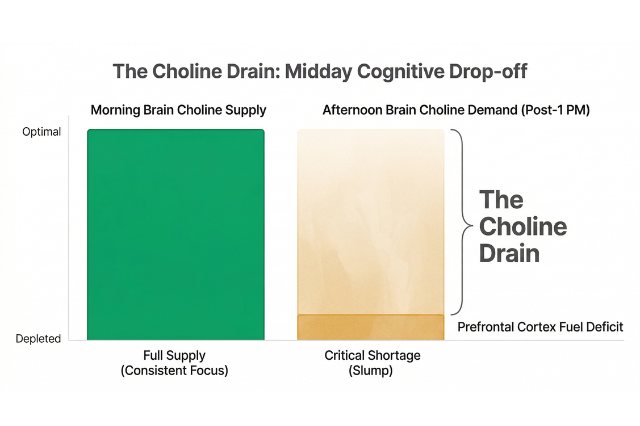 A minimalist scientific illustration showing two vertical bars: 'Morning Brain Choline Supply' (full green) and 'Afternoon Brain Choline Demand' (empty amber), with a gap labeled The Choline Drain.