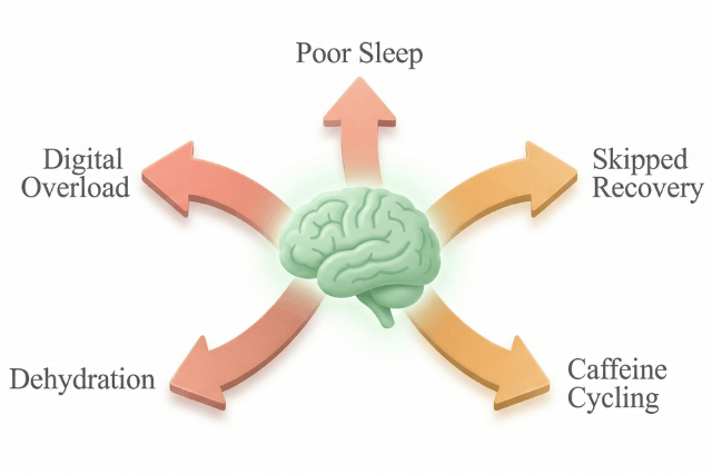 Minimalist 3D vector illustration showing five arrows in coral and amber labeled Poor Sleep, Digital Overload, Dehydration, Caffeine Cycling, and Skipped Recovery pulling energy away from a central soft green brain.