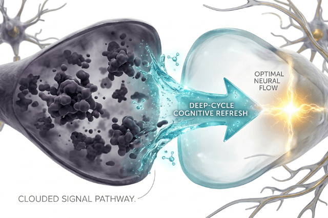 3D medical illustration showing a neural synapse being cleared of metabolic haze by a wave of light, labeled Deep-Cycle Cognitive Refresh.