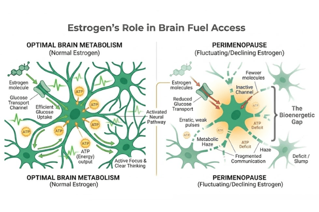 A medical flat vector illustration showing a comparison between optimal brain glucose metabolism and the reduced energy state during perimenopause, labeled as The Bioenergetic Gap.