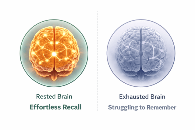 Comparison between a rested brain with effortless recall and an exhausted brain struggling to remember, illustrating cognitive fatigue and memory fog