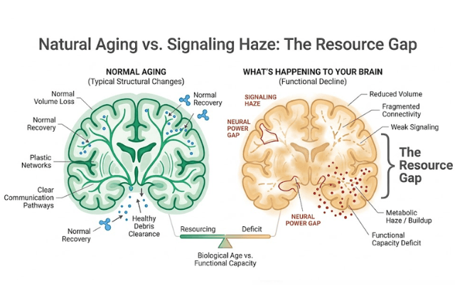 A medical-modern vector illustration comparing 'Normal Aging' to 'Signaling Haze' to visualize the resource gap. The left side, 'Normal Aging', shows defined emerald green neural pathways and blue 'Normal Recovery' molecules. The right side, 'What's Happening to Your Brain', is obscured by soft amber signaling haze and fragmented amber pathways labeled as 'The Resource Gap'.