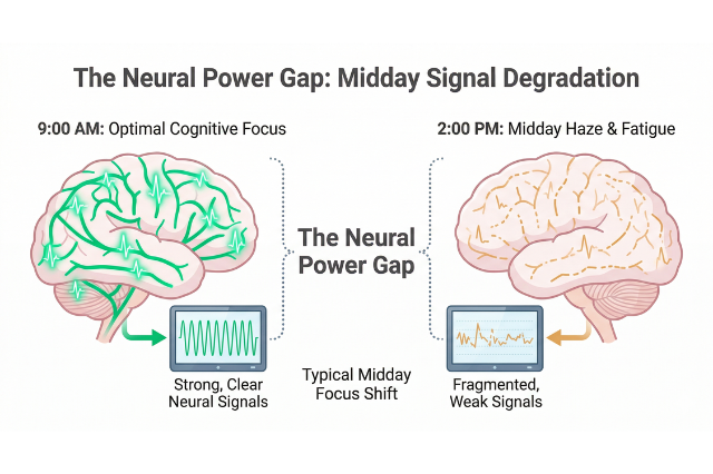 A clean medical illustration showing sharp, clear neural signals at 9am versus fragmented, weak signals at 2pm, labeled as The Neural Power Gap.