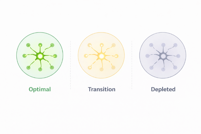Comparison of neural signal strength showing optimal, transition, and depleted brain states with decreasing clarity of neural connections