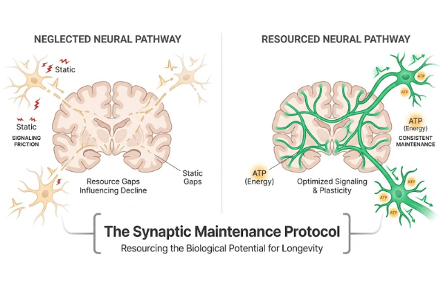 A medical-modern vector illustration showing a comparison of neural paths side-by-side. The left side, 'Neglected Neural Pathway', has faint, thin amber connections with red jagged marks labeled 'Signaling Friction'. The right side, 'Resourced Neural Pathway', has vibrant, thick emerald green connections fueled by glowing amber 'ATP (Energy)' icons. Below, a charcoal grey sans-serif bracket labels the comparison as 'The Synaptic Maintenance Protocol'