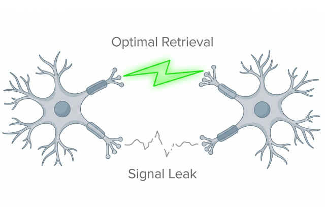 A minimalist 2D flat vector medical illustration on a white background, displaying two simplified neurons side-by-side. The first connection, labeled 'Optimal Retrieval' in grey text above it, is visualized by a thick, bright glowing green lightning bolt forming a complete bridge between the neurons. Below, a second connection is visible, represented by a thin, flickering, and broken grey line, labeled 'Signal Leak' in grey text below it. The composition is clean and educational, representing clear versus hazy memory recall.
