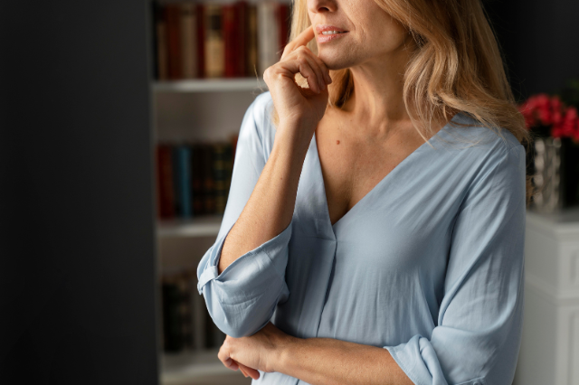 A woman in her late 40s experiencing a momentary memory slip in a modern kitchen, illustrating the reality of perimenopause brain fog.